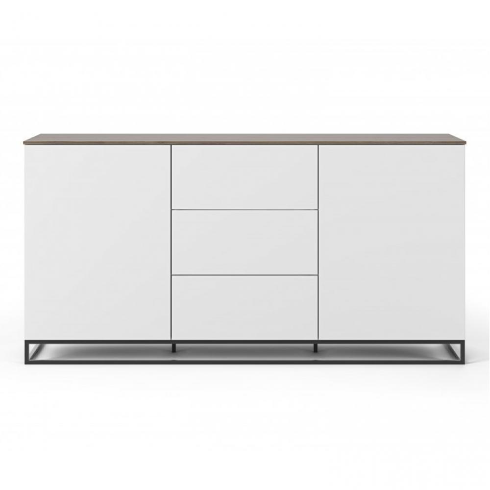 Buffet WHITY 2 blanc mat 180cm 2 portes/3 tiroirs Plateau en bois noyer avec pieds noir métal